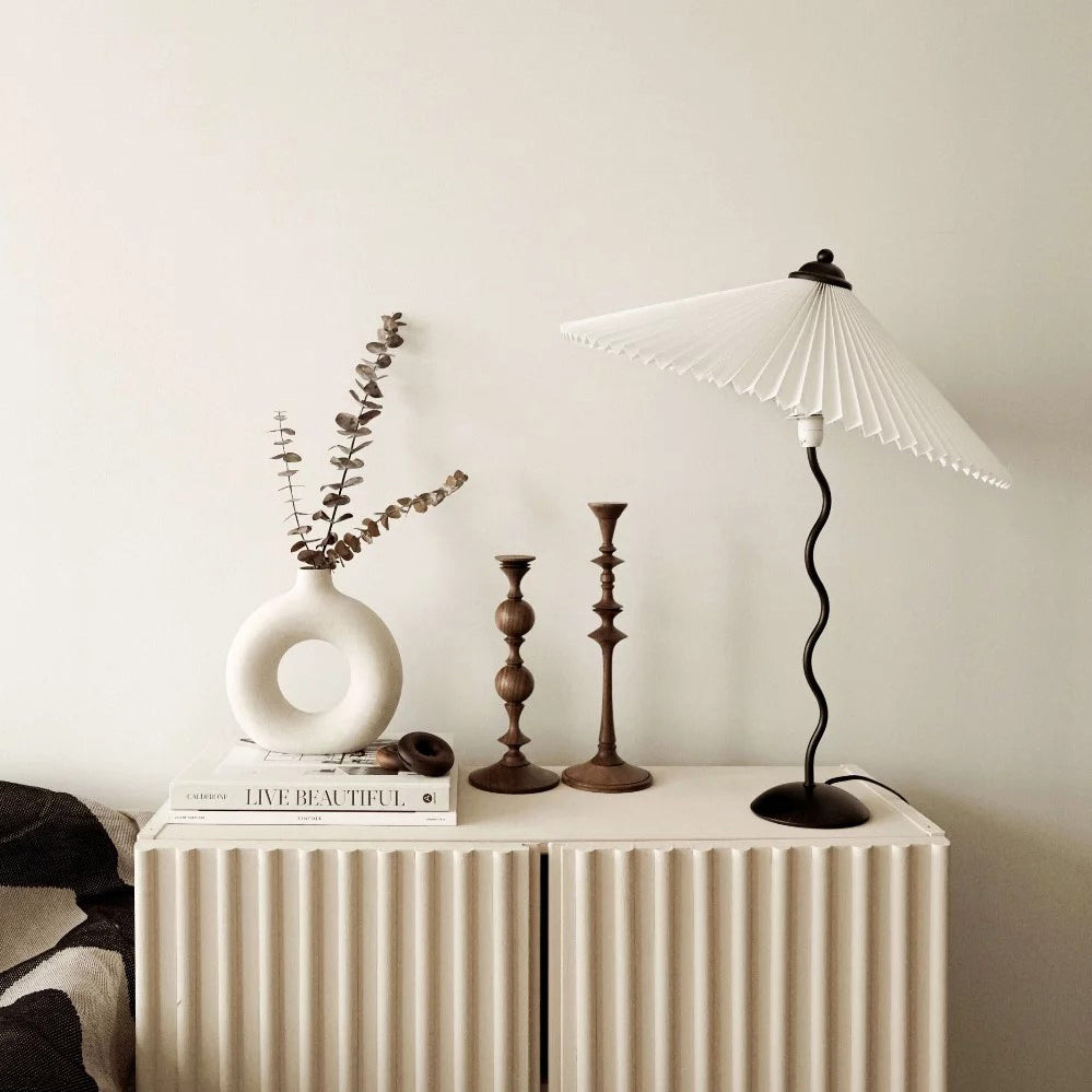 Metal Table Lamp 16.9 in Pleated Fabric Shade Curved Base Bedroom Living Room Nordic Minimalist Desk Lighting | Thomler