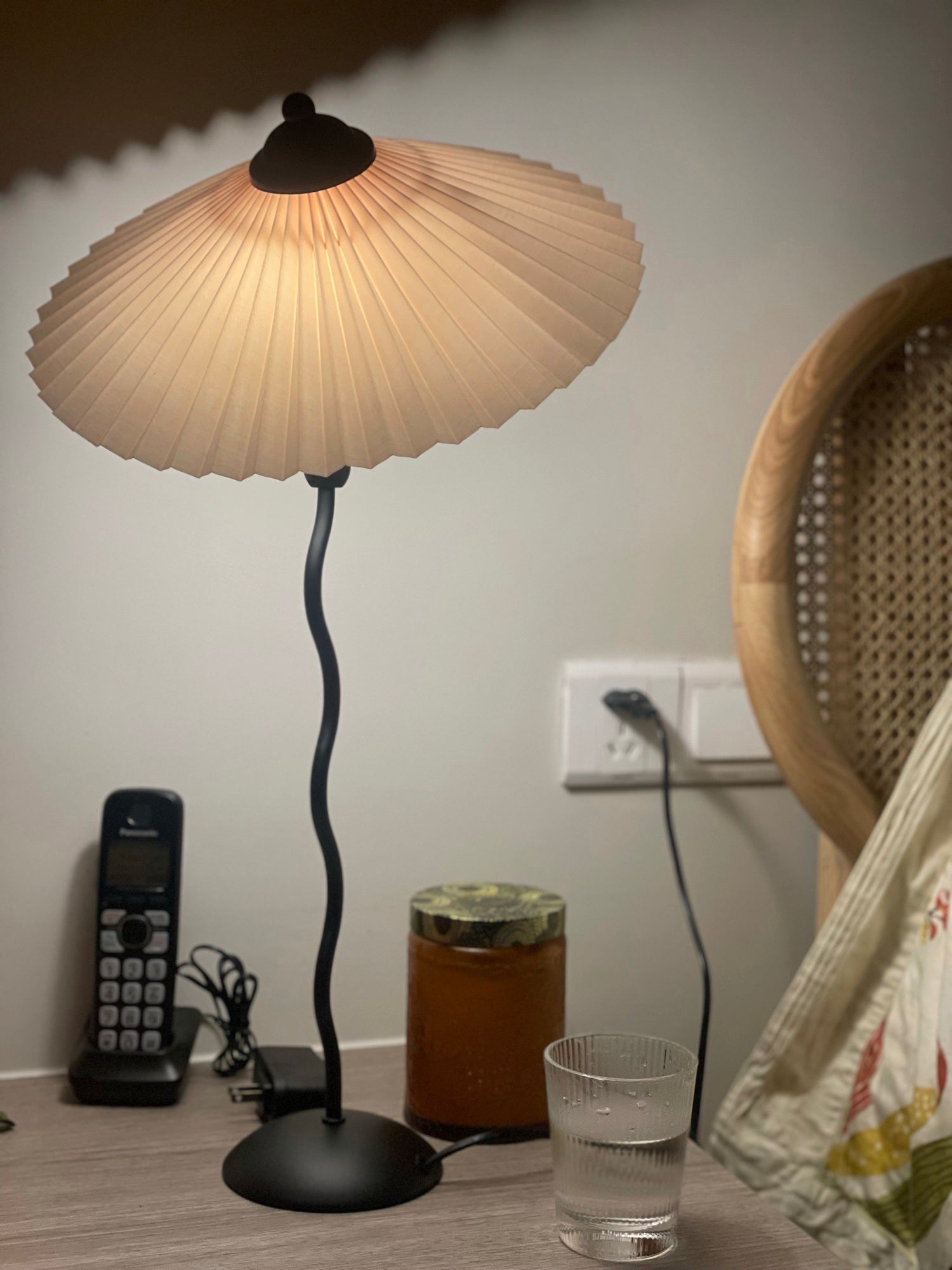 Metal Table Lamp 16.9 in Pleated Fabric Shade Curved Base Bedroom Living Room Nordic Minimalist Desk Lighting | Thomler