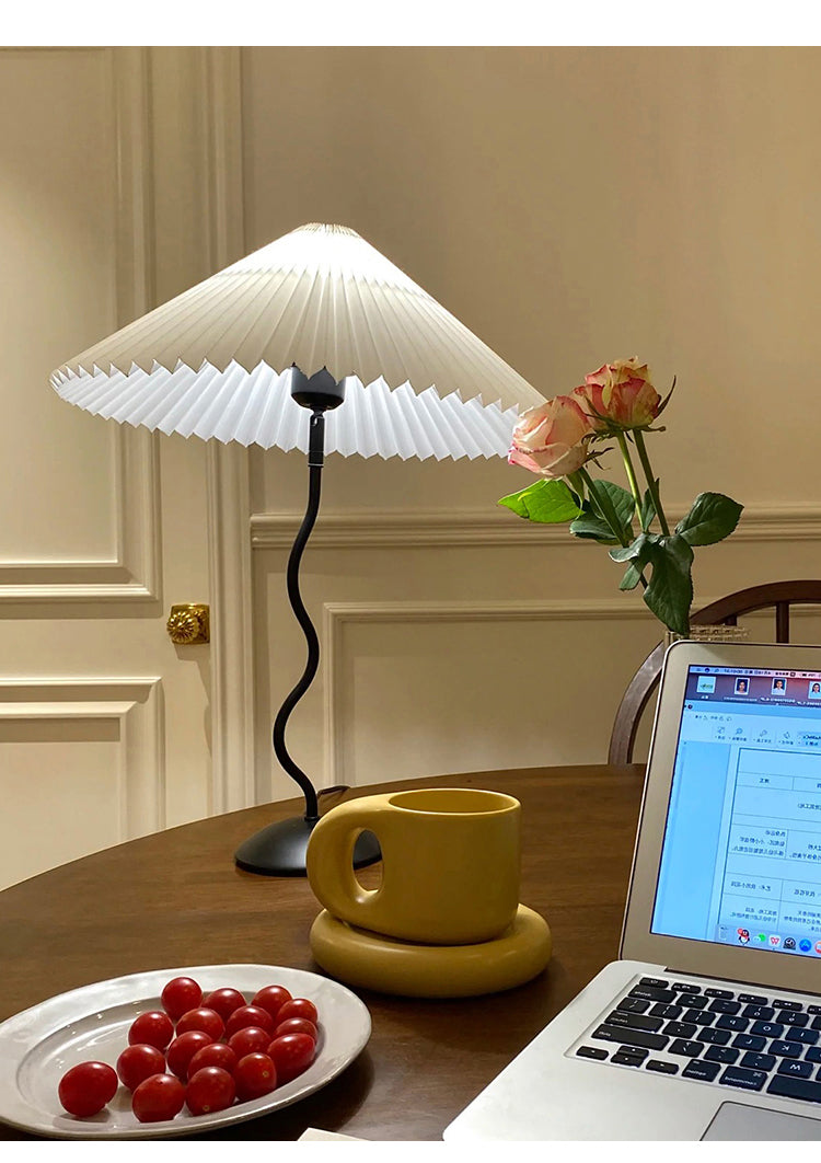 Metal Table Lamp 16.9 in Pleated Fabric Shade Curved Base Bedroom Living Room Nordic Minimalist Desk Lighting | Thomler