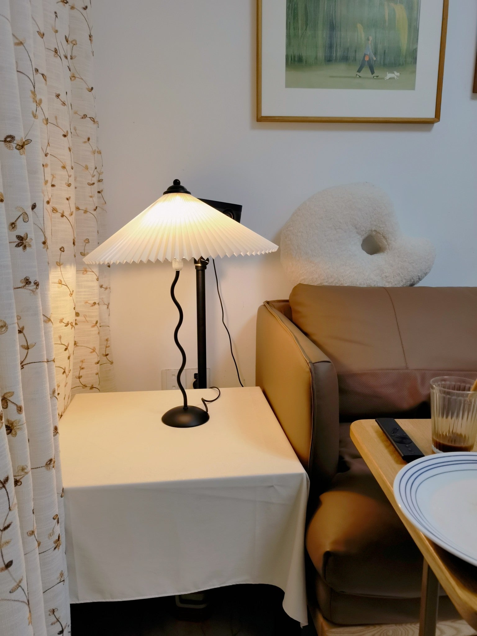 Metal Table Lamp 16.9 in Pleated Fabric Shade Curved Base Bedroom Living Room Nordic Minimalist Desk Lighting | Thomler