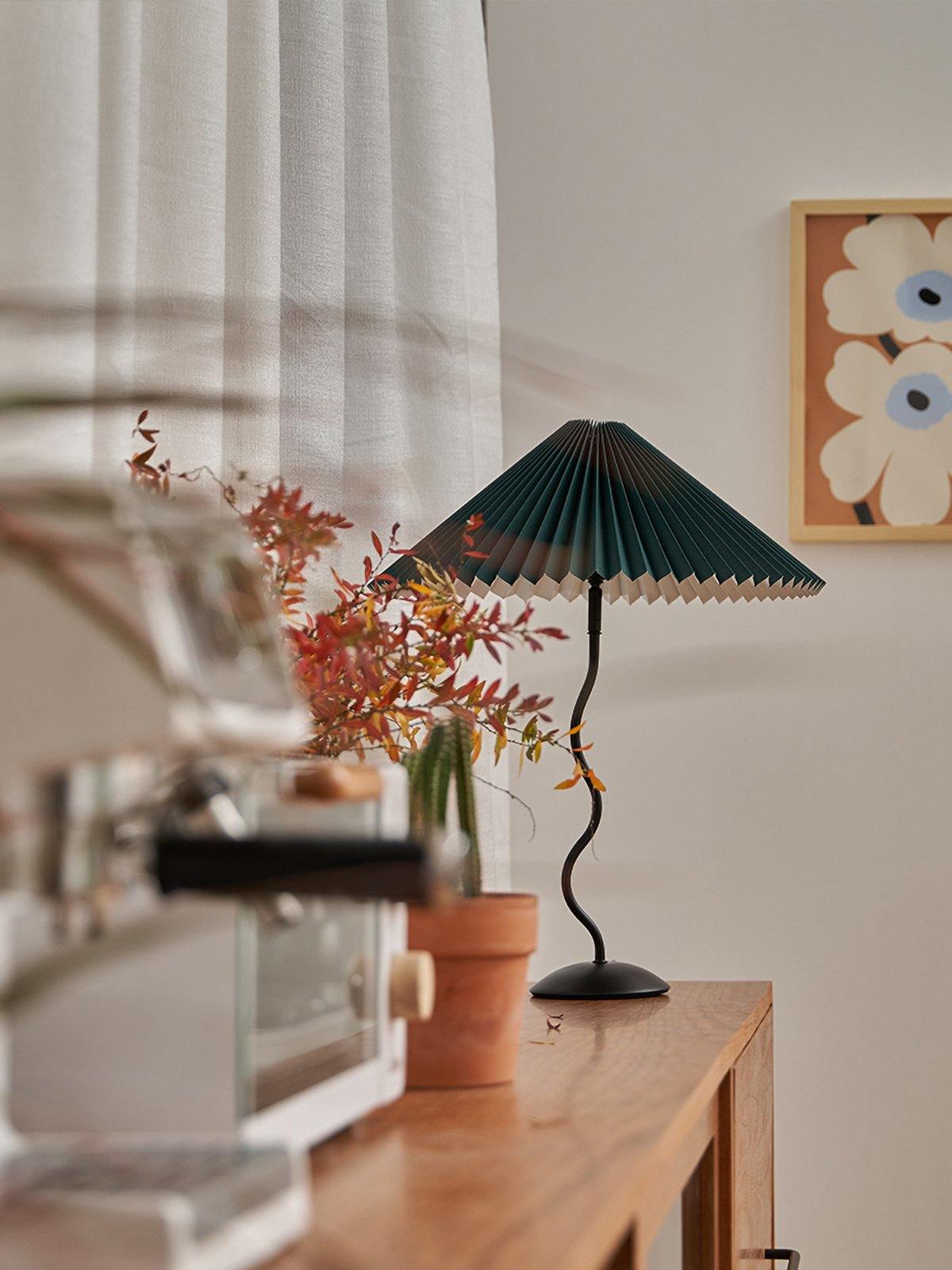 Metal Table Lamp 16.9 in Pleated Fabric Shade Curved Base Bedroom Living Room Nordic Minimalist Desk Lighting | Thomler
