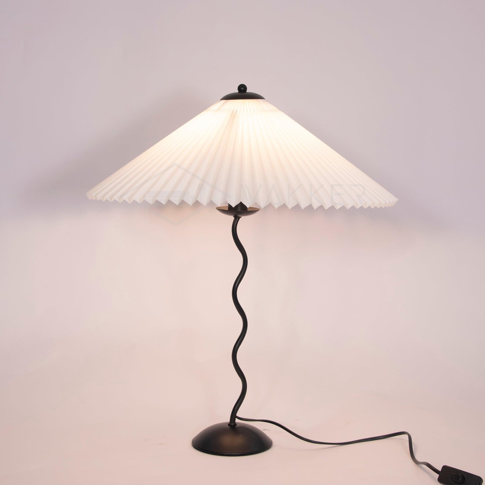 Metal Table Lamp 16.9 in Pleated Fabric Shade Curved Base Bedroom Living Room Nordic Minimalist Desk Lighting | Thomler