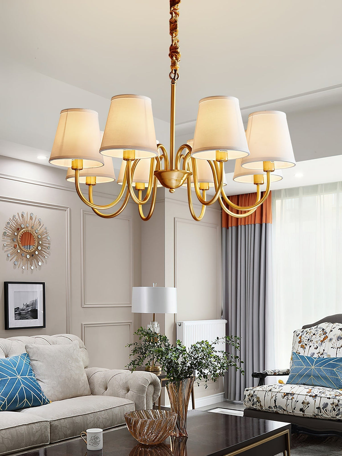 Classic Brass & Fabric Multi-Arm Hanging Fixture for Dining Room, Foyer & Living Space | Thomler