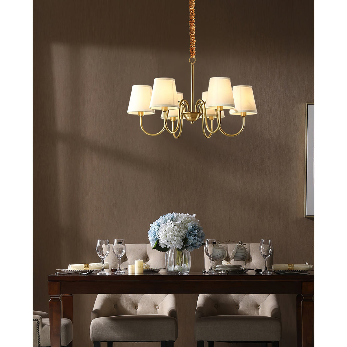 Classic Brass & Fabric Multi-Arm Hanging Fixture for Dining Room, Foyer & Living Space | Thomler