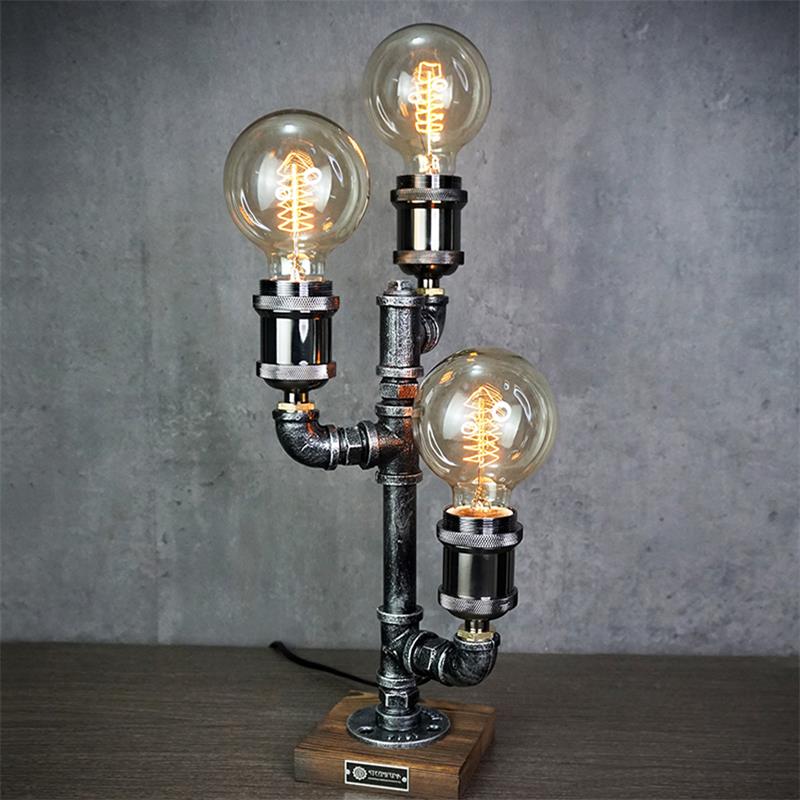 Industrial Metal Pipe Desk Lamp with Wood Base – Vintage Loft Accent Light – 1 to 3 Edison Sockets – Rustic Retro Bedroom Office | Thomler