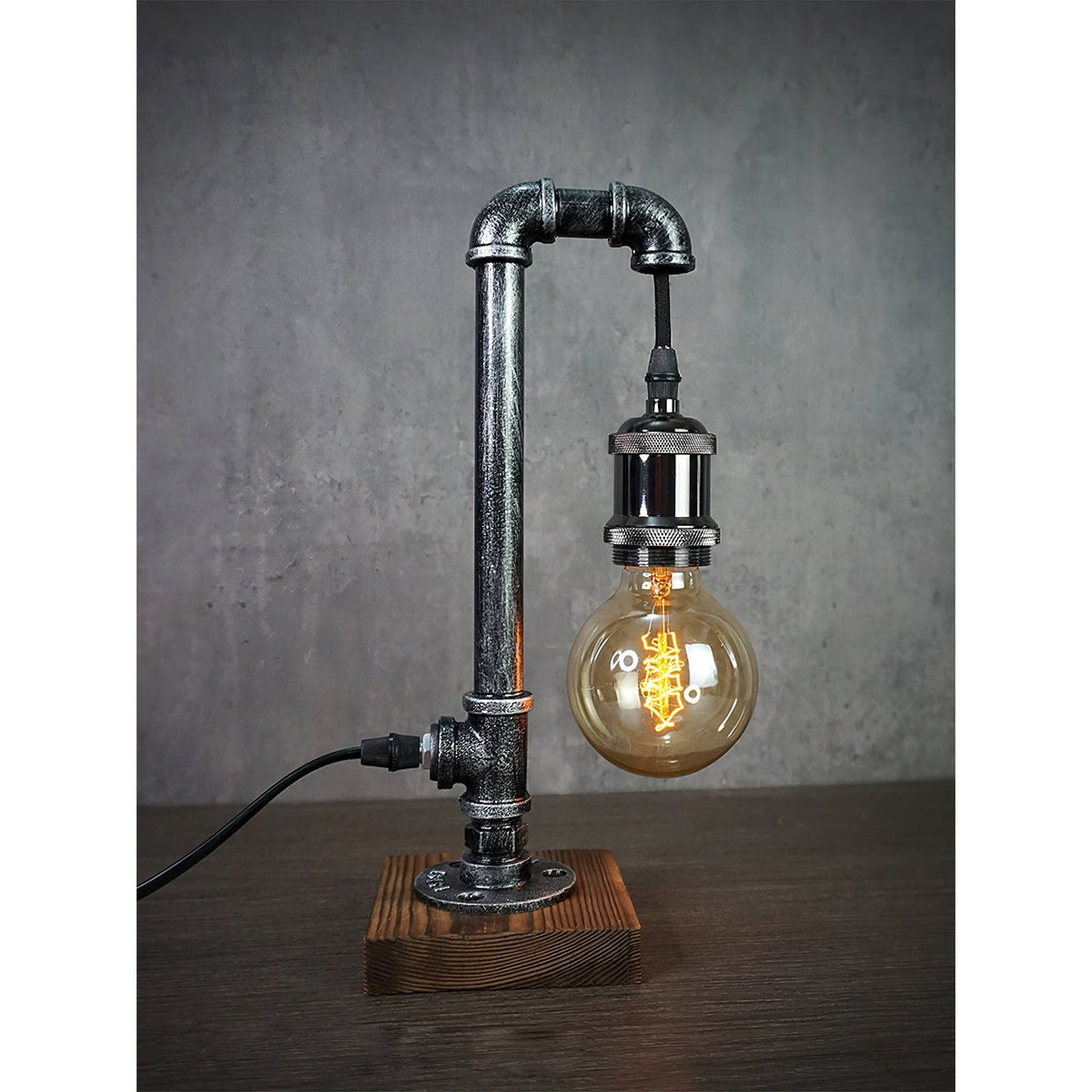 Industrial Metal Pipe Desk Lamp with Wood Base – Vintage Loft Accent Light – 1 to 3 Edison Sockets – Rustic Retro Bedroom Office | Thomler