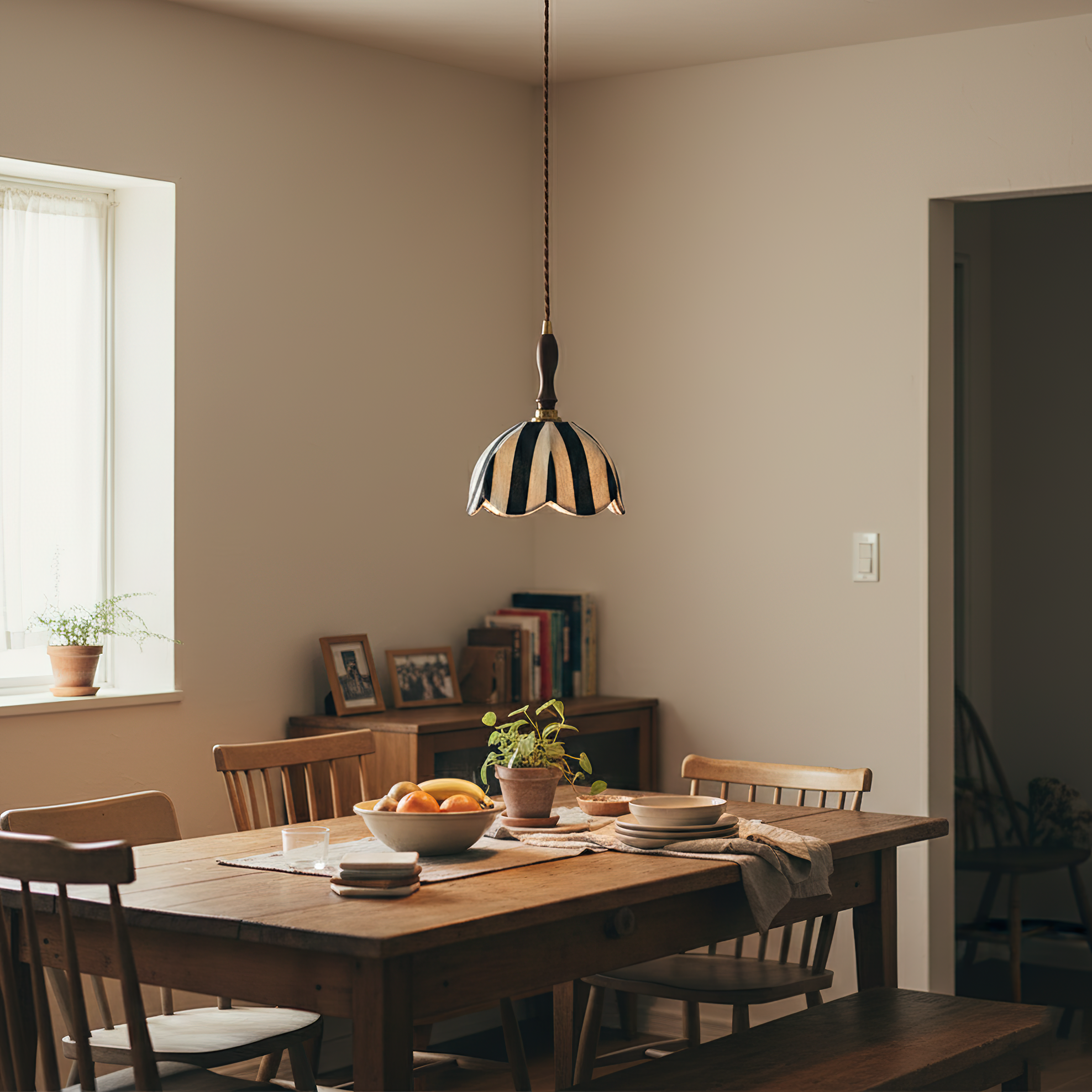 Pendant Light Wood 7.9 in Black White Striped Fabric Tulip Shape Dining Room Accent Lighting | Thomler