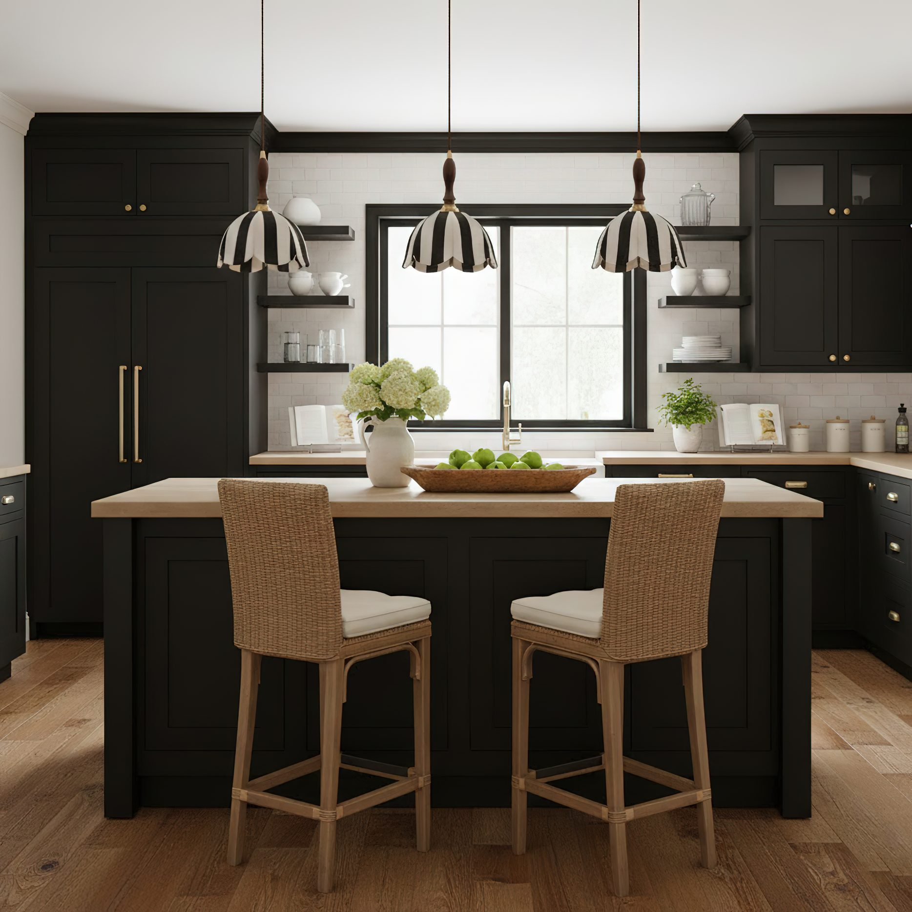 Pendant Light Wood 7.9 in Black White Striped Fabric Tulip Shape Dining Room Accent Lighting | Thomler