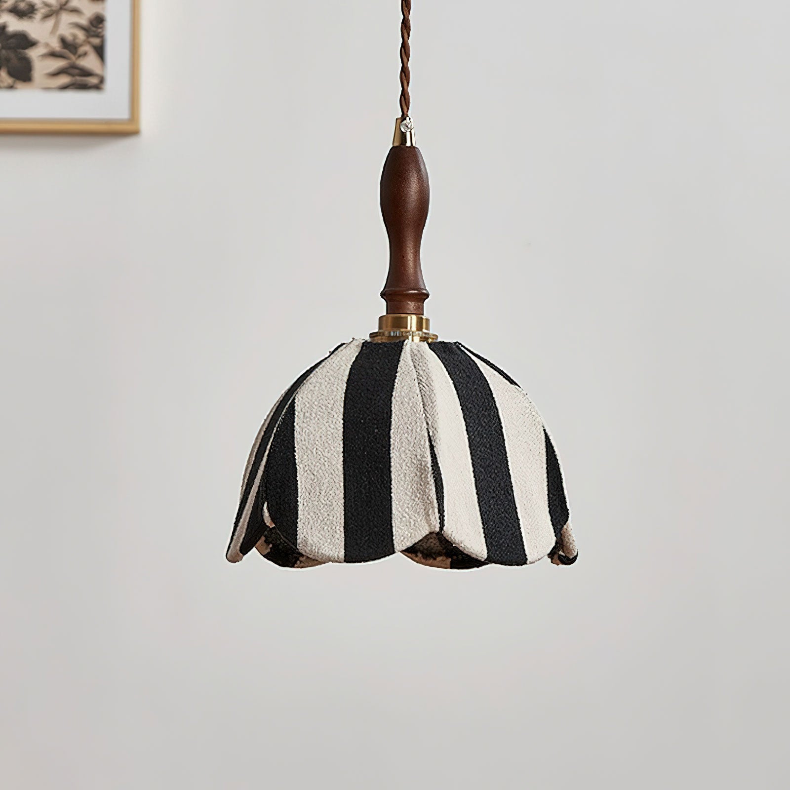 Pendant Light Wood 7.9 in Black White Striped Fabric Tulip Shape Dining Room Accent Lighting | Thomler