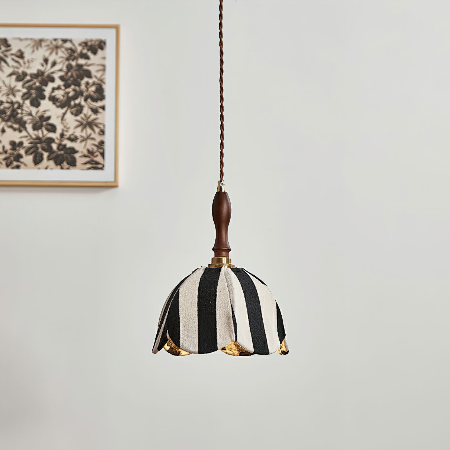 Pendant Light Wood 7.9 in Black White Striped Fabric Tulip Shape Dining Room Accent Lighting | Thomler