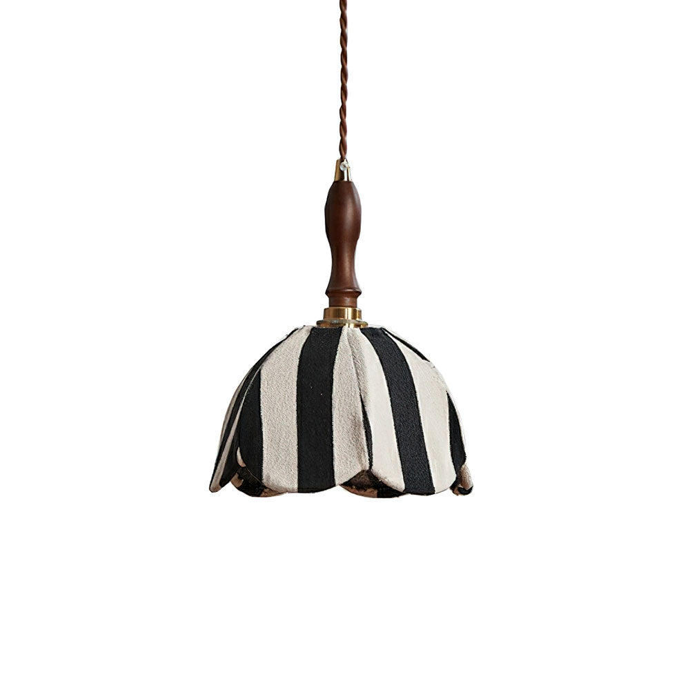 Pendant Light Wood 7.9 in Black White Striped Fabric Tulip Shape Dining Room Accent Lighting | Thomler