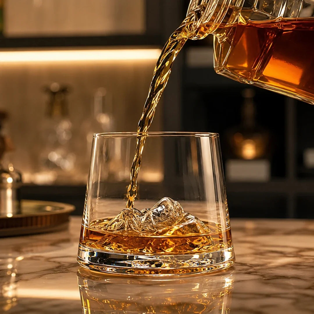 Heavy Crystal Tumbler with 3D Alpine Peak Base for Bourbon, Scotch & Old Fashioned Cocktails | Thomler