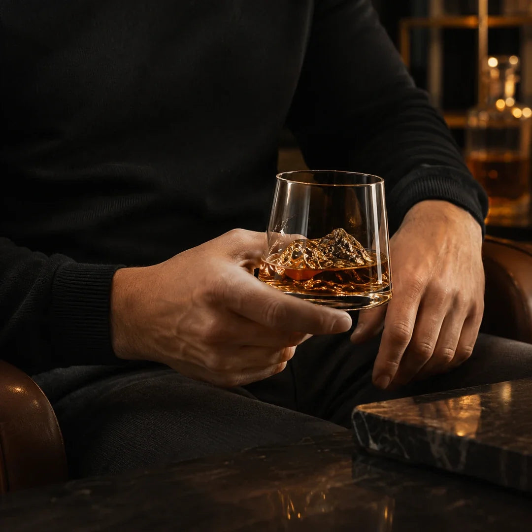 Heavy Crystal Tumbler with 3D Alpine Peak Base for Bourbon, Scotch & Old Fashioned Cocktails | Thomler