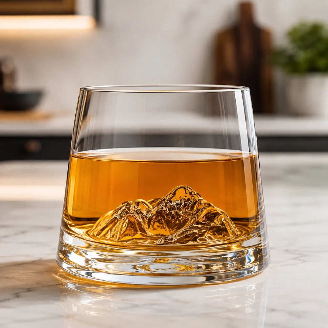 Heavy Crystal Tumbler with 3D Alpine Peak Base for Bourbon, Scotch & Old Fashioned Cocktails | Thomler
