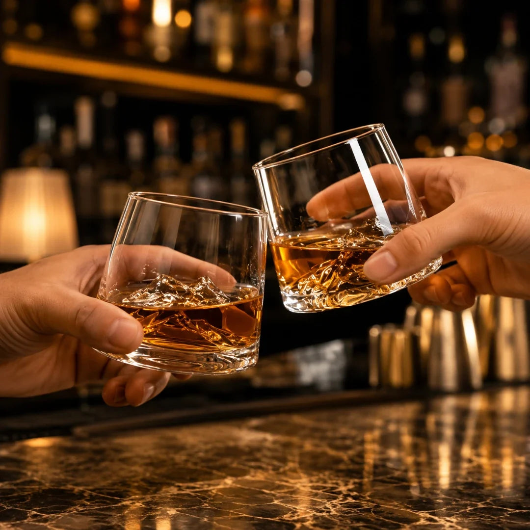Heavy Crystal Tumbler with 3D Alpine Peak Base for Bourbon, Scotch & Old Fashioned Cocktails | Thomler