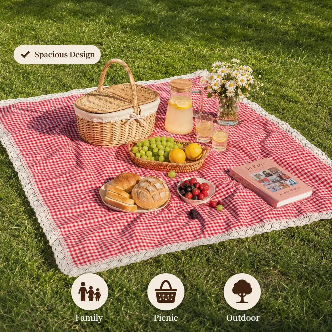 Checkered Outdoor Blanket with Lace Edge – Red Picnic Throw for Parks, Beaches & Backyard Gatherings – Machine Washable – Folds Compact | Thomler