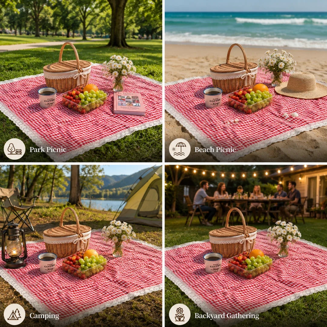 Checkered Outdoor Blanket with Lace Edge – Red Picnic Throw for Parks, Beaches & Backyard Gatherings – Machine Washable – Folds Compact | Thomler