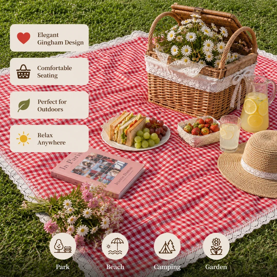 Checkered Outdoor Blanket with Lace Edge – Red Picnic Throw for Parks, Beaches & Backyard Gatherings – Machine Washable – Folds Compact | Thomler