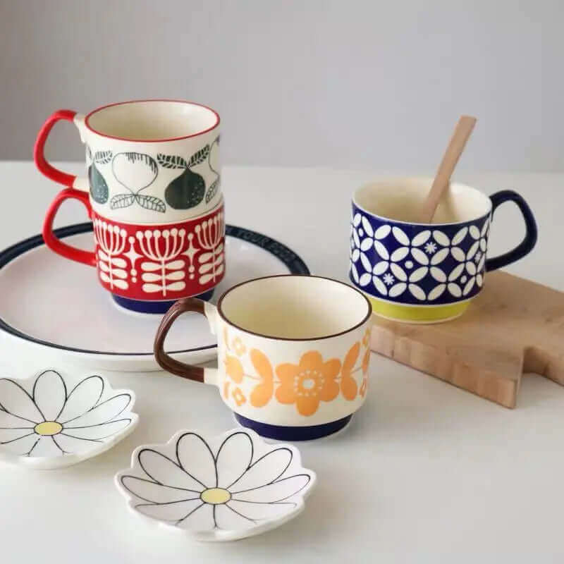 Mid-Century Ceramic Coffee Mug – 10.1 fl oz Retro Design in 10 Patterns for Home Kitchen Breakfast Vintage Tea Cup | Thomler