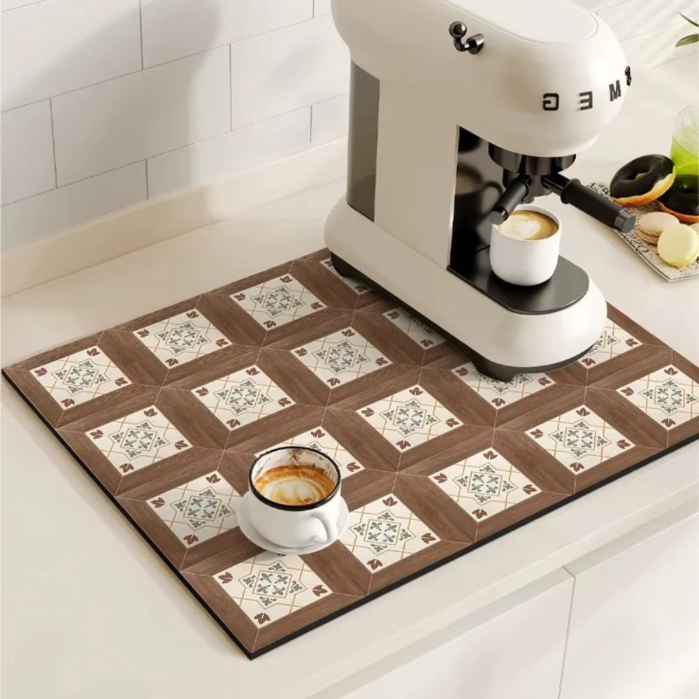 Vintage-Inspired Quick-Dry Kitchen Counter Mat for Coffee Bars, Dish Drying & Sink Areas – Absorbent Non-Slip Rubber Base – Decorative | Thomler