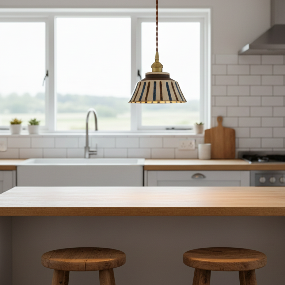Pendant Light Ceramic 18.0 cm Blue Striped Dining Room Kitchen Island Hanging Ceiling Lamp Adjustable E27 | Thomler