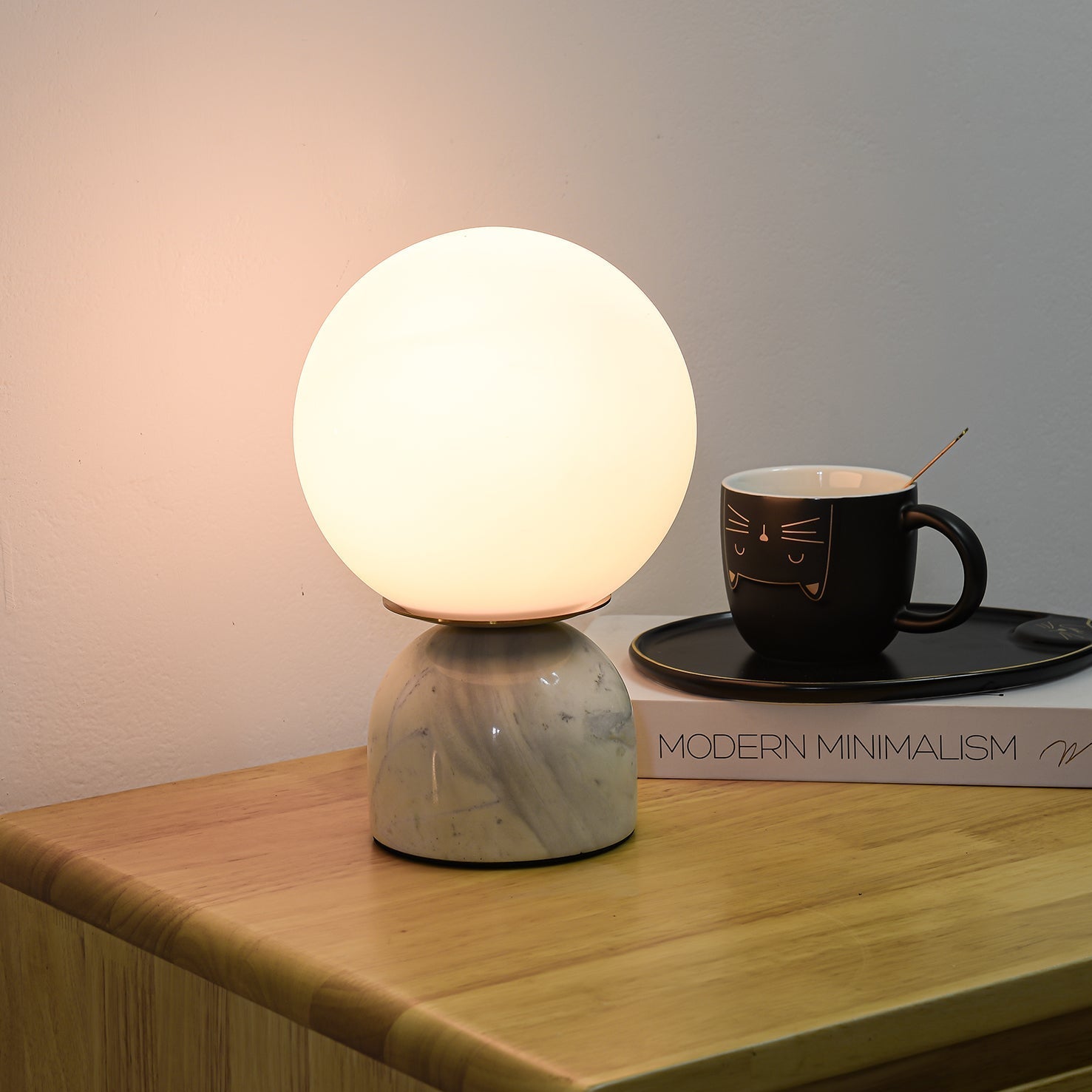 Marble Table Lamp 9.1 in (23.0 cm) Glass Globe Indoor Ambient Lighting Minimalist Modern Desk Light | Thomler