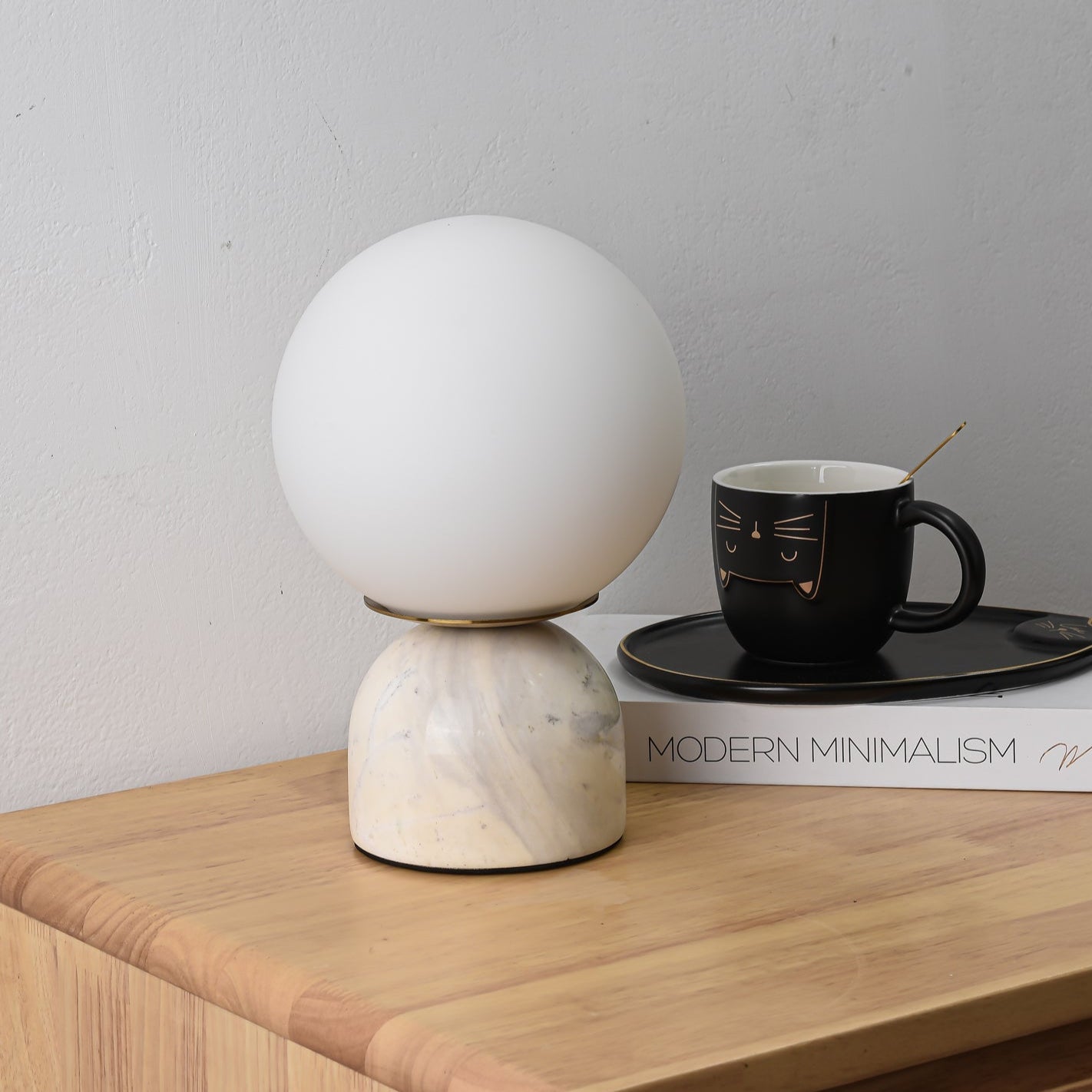 Marble Table Lamp 9.1 in (23.0 cm) Glass Globe Indoor Ambient Lighting Minimalist Modern Desk Light | Thomler