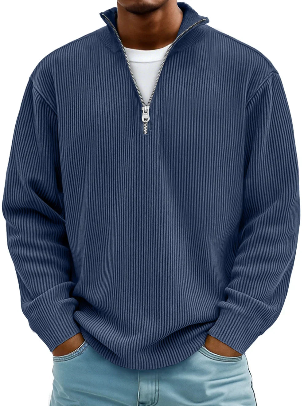 Men's Quarter-Zip Pullover with Stand Collar – Textured Knit Long Sleeve Top for Work & Weekend | Thomler