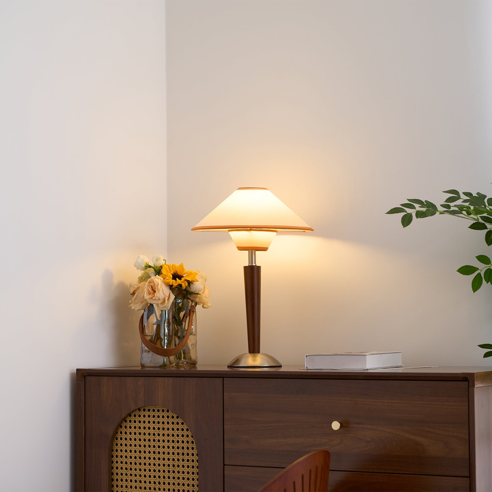 Wood Table Lamp 17.3 in Fabric Shade E26 Bedroom Nightstand Living Room Modern Lighting | Thomler