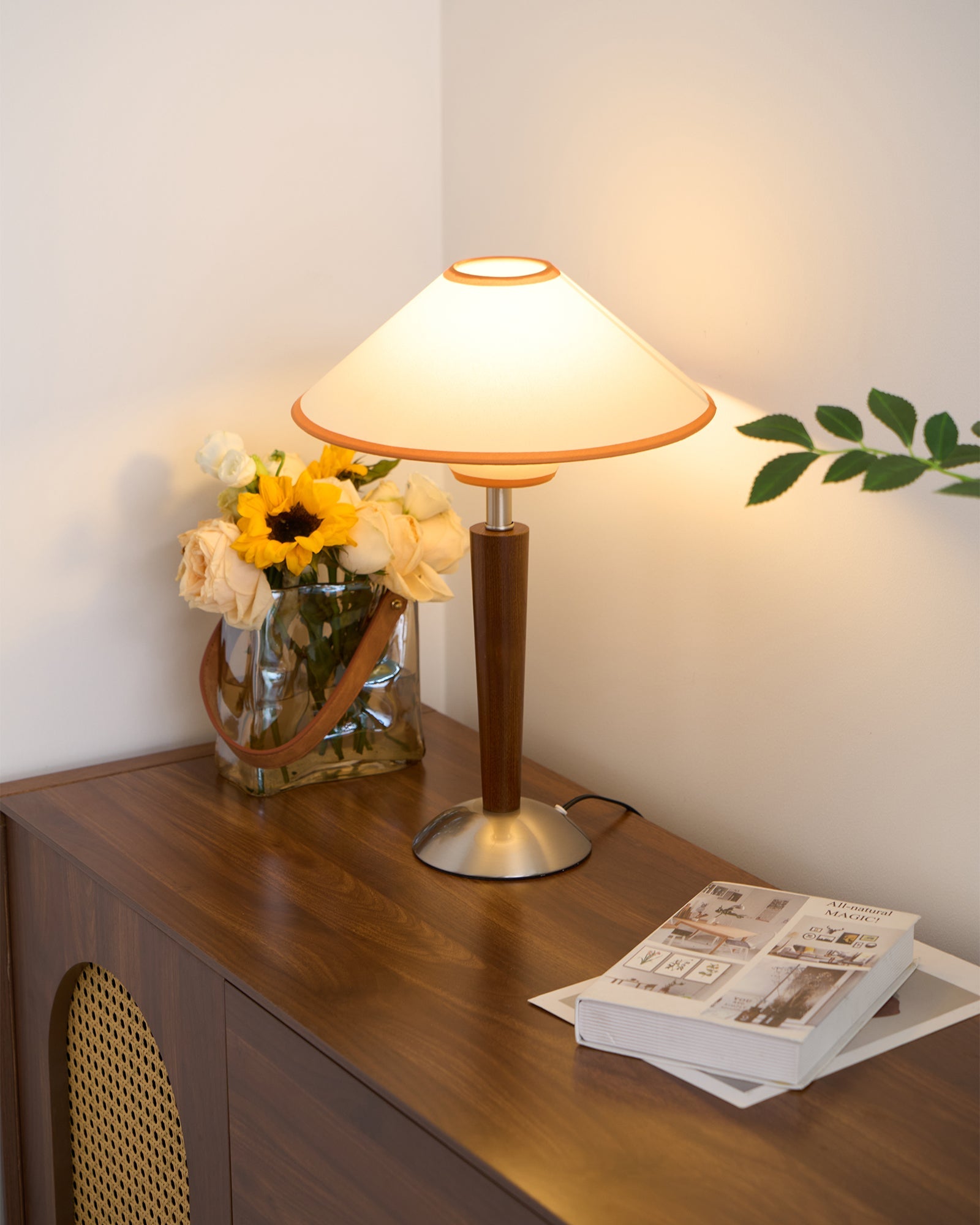 Wood Table Lamp 17.3 in Fabric Shade E26 Bedroom Nightstand Living Room Modern Lighting | Thomler