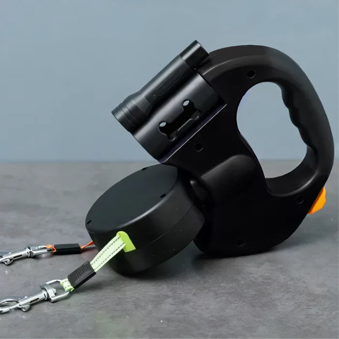 Retractable Double Dog Leash with 360° Swivel, Built-In LED Flashlight & Waste Bag Holder for Walking Two Dogs Up to 66 lbs Each | Thomler