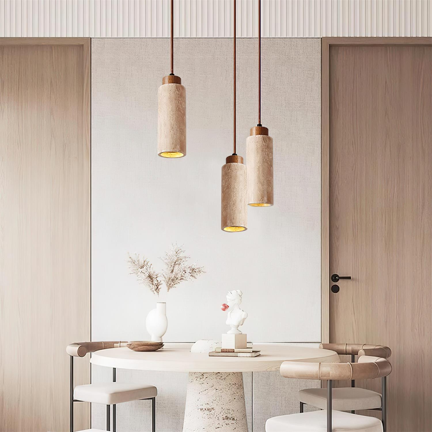 Pendant Light Travertine Stone Wood 25.0 cm Beige Dining Table Living Room LED Hanging Lamp Modern Minimalist Home Lighting | Thomler