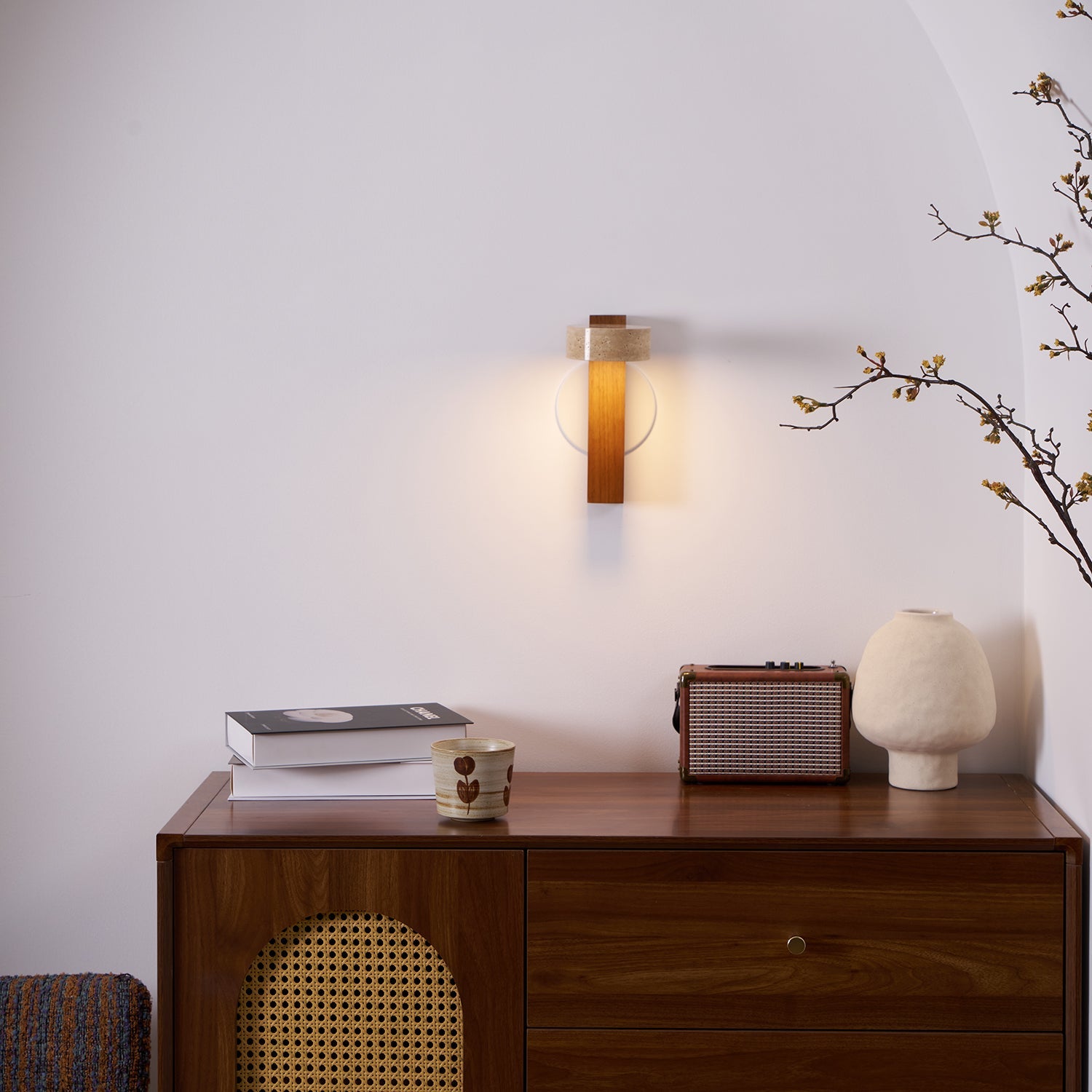 Wall Light Wood Yellow Travertine 9 in Tilted LED Indoor Bathroom Accent Lighting Modern | Thomler