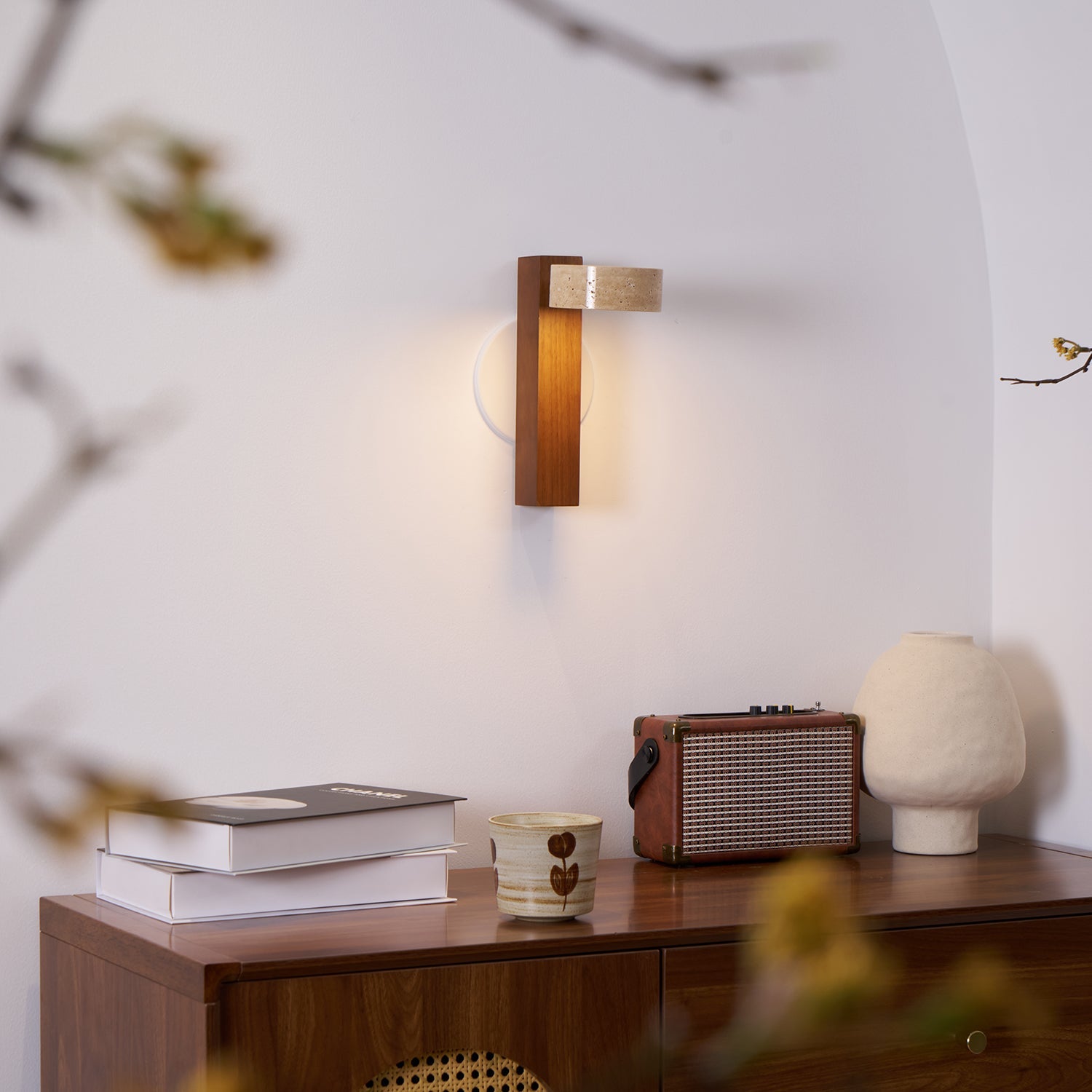 Wall Light Wood Yellow Travertine 9 in Tilted LED Indoor Bathroom Accent Lighting Modern | Thomler