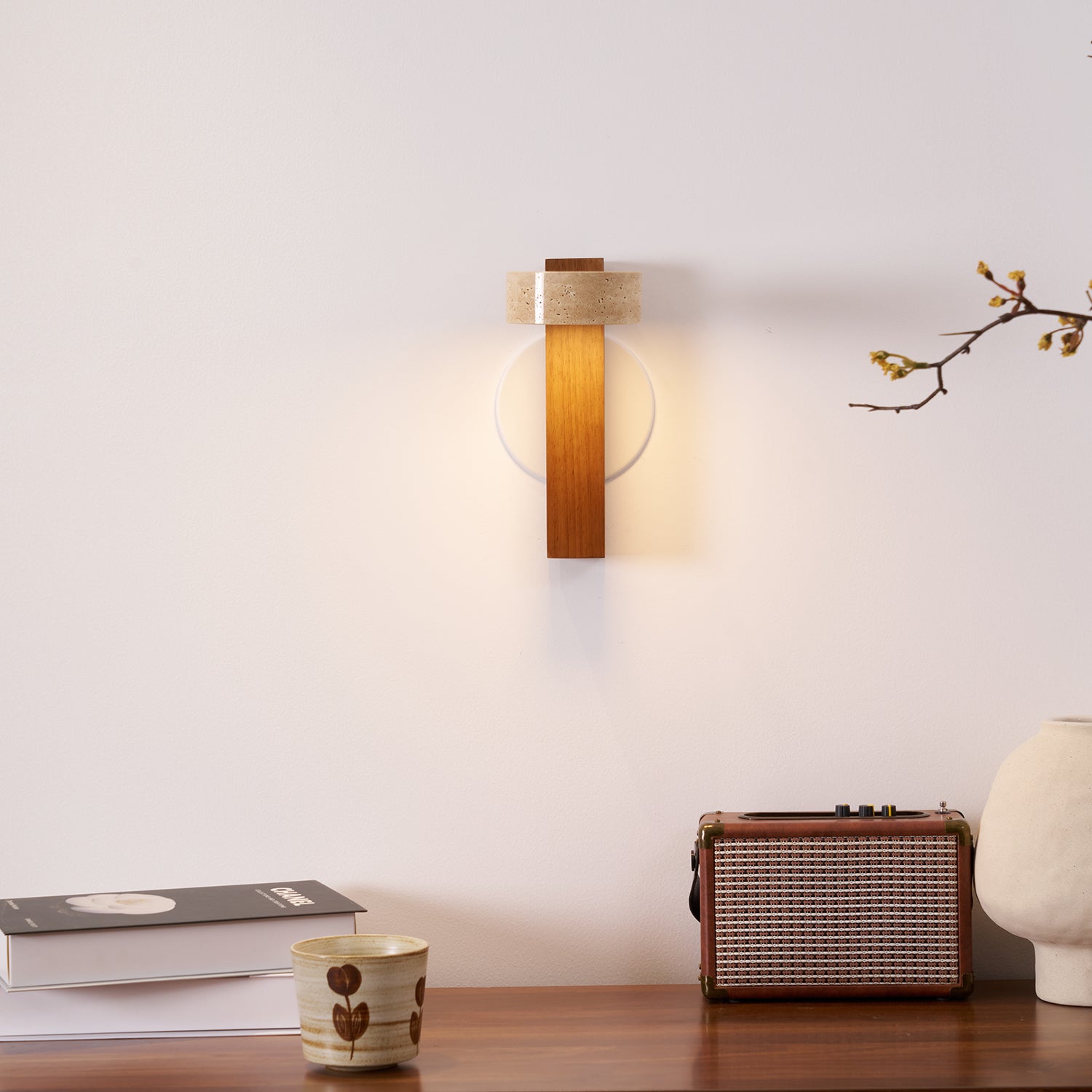 Wall Light Wood Yellow Travertine 9 in Tilted LED Indoor Bathroom Accent Lighting Modern | Thomler