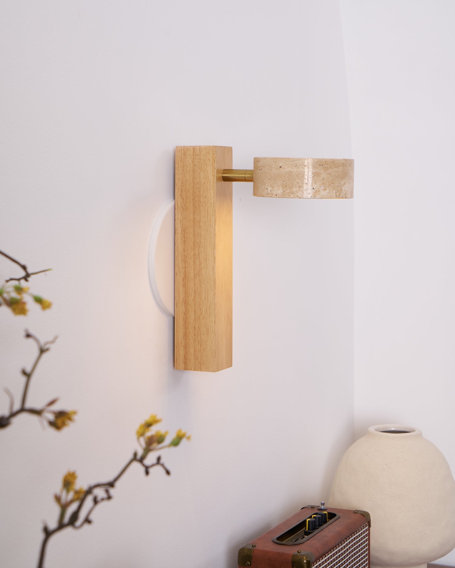 Wall Light Wood Yellow Travertine 9 in Tilted LED Indoor Bathroom Accent Lighting Modern | Thomler