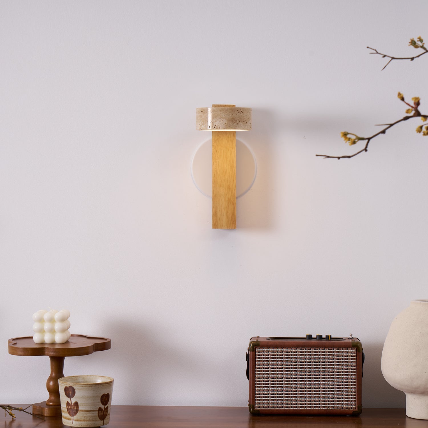 Wall Light Wood Yellow Travertine 9 in Tilted LED Indoor Bathroom Accent Lighting Modern | Thomler