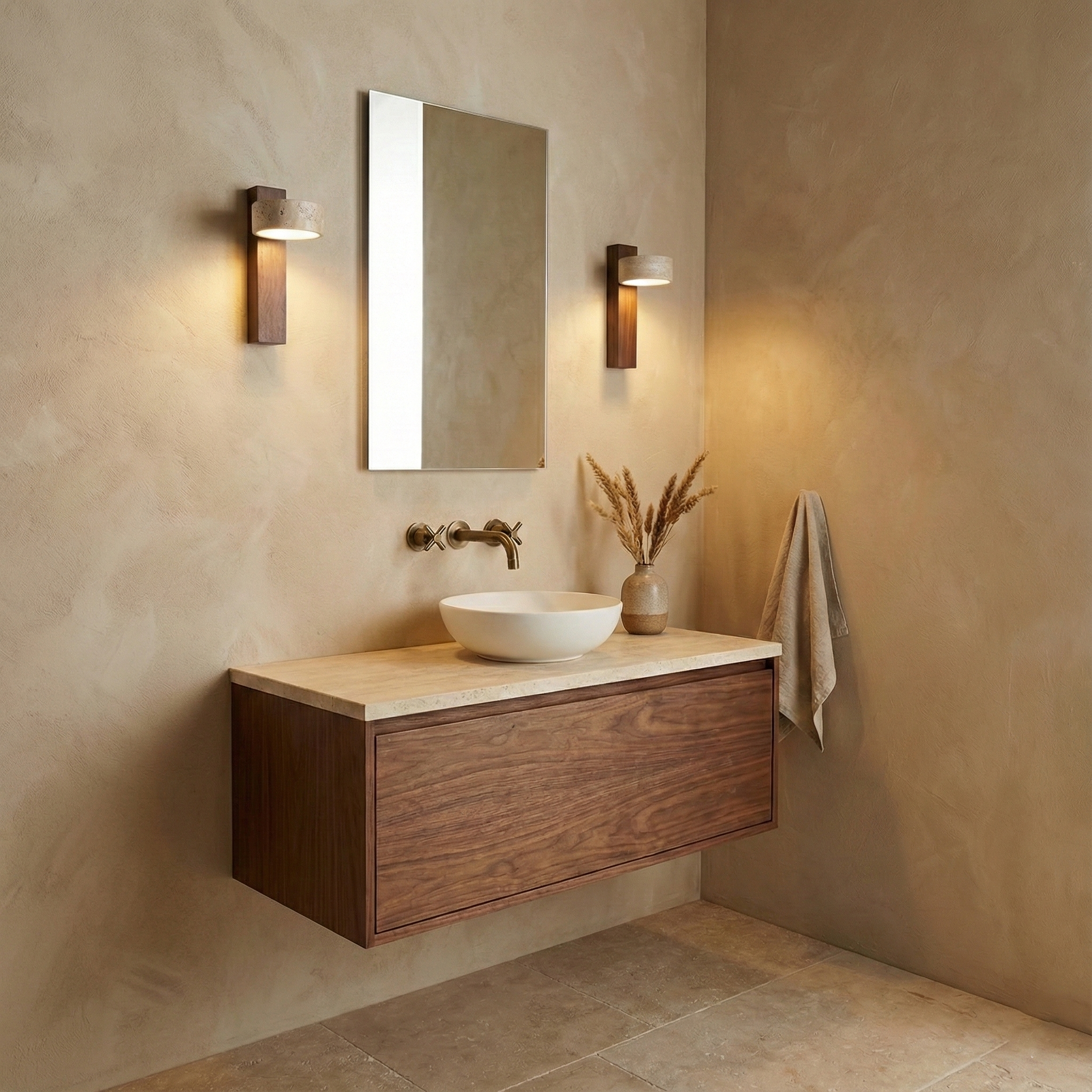 Wall Light Wood Yellow Travertine 9 in Tilted LED Indoor Bathroom Accent Lighting Modern | Thomler