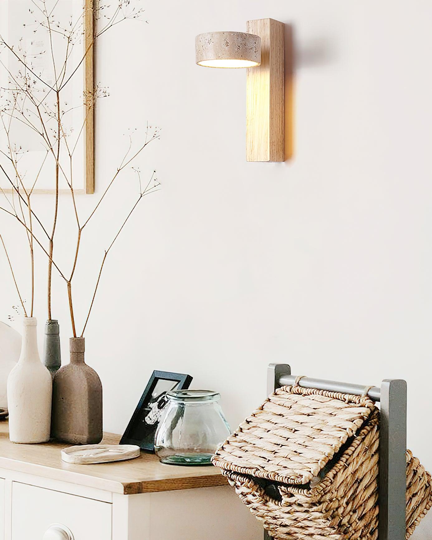 Wall Light Wood Yellow Travertine 9 in Tilted LED Indoor Bathroom Accent Lighting Modern | Thomler