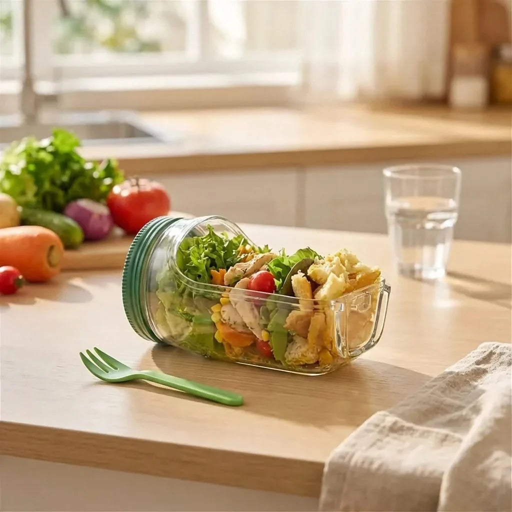 Mason-Style Glass Lunch Container with Separate Dressing Compartment for Fresh Greens and Toppings | Thomler