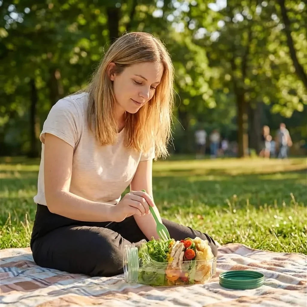 Mason-Style Glass Lunch Container with Separate Dressing Compartment for Fresh Greens and Toppings | Thomler