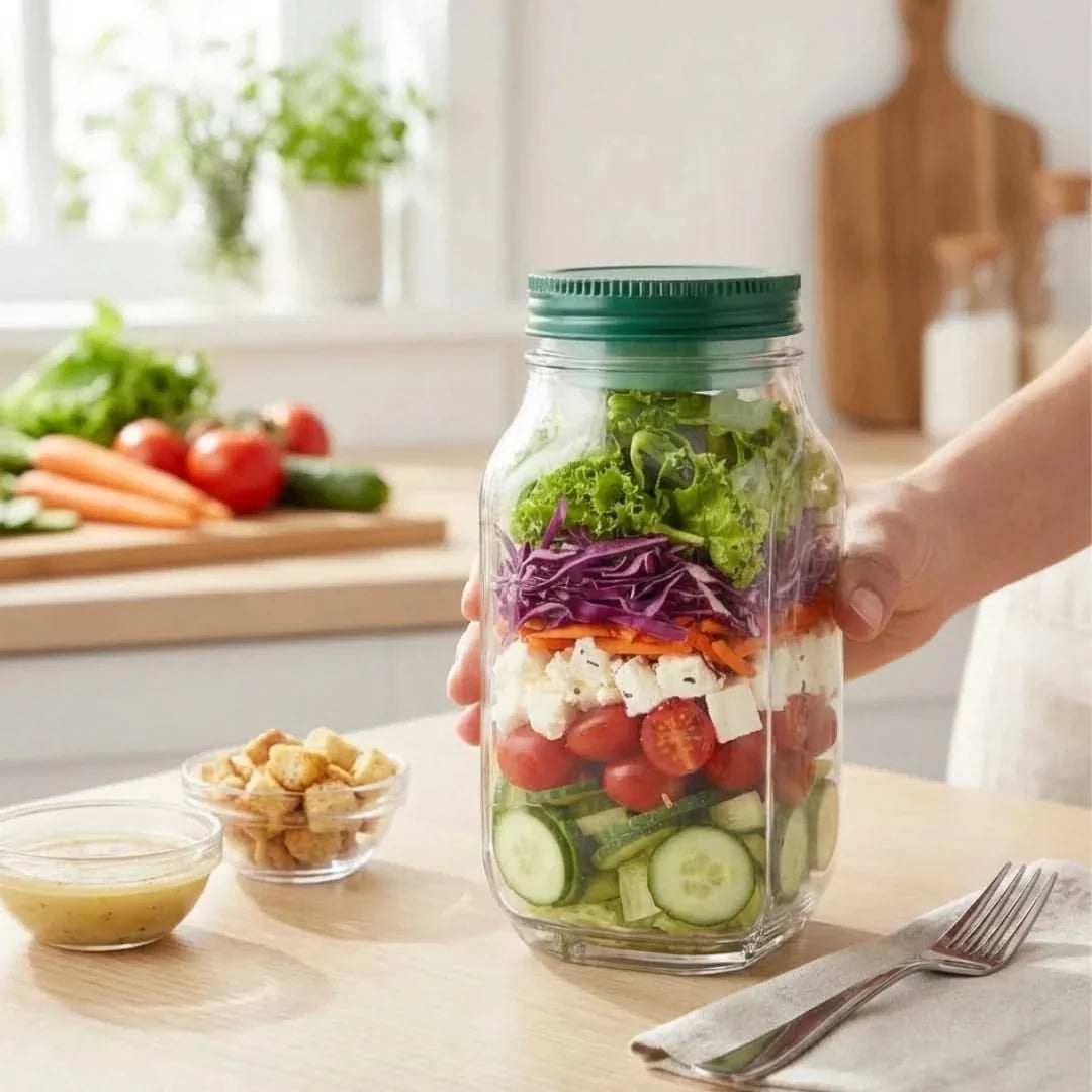 Mason-Style Glass Lunch Container with Separate Dressing Compartment for Fresh Greens and Toppings | Thomler