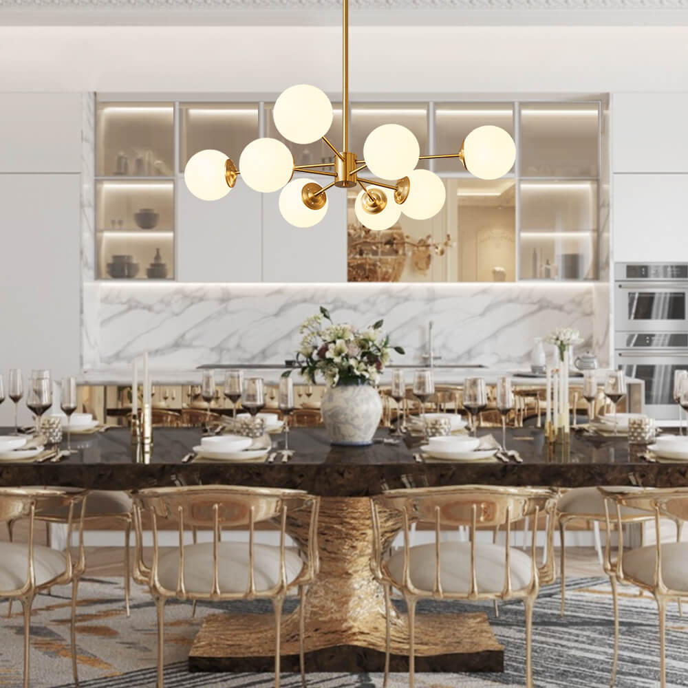 Chandelier Metal Glass 90.0 cm Gold Or Black Dining Room Sputnik Pendant Light Opal Globe Dimmable Ceiling Fixture | Thomler