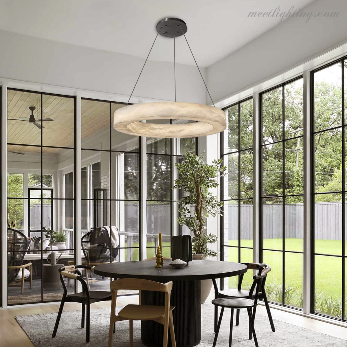 Circular Alabaster LED Ceiling Light with Brass Frame for Dining Room & Living Room | Modern Flush Mount Fixture | Thomler