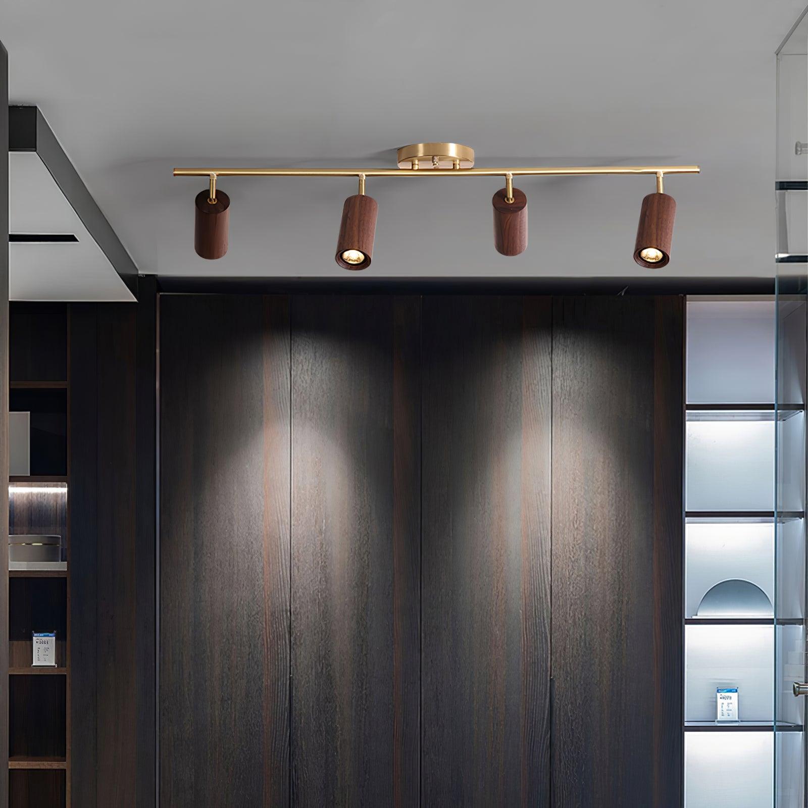 Track Light Walnut Wood Adjustable 31.4 in Multi-Head Ceiling Fixture Gold Finish Living Room Kitchen Hallway Lighting | Thomler