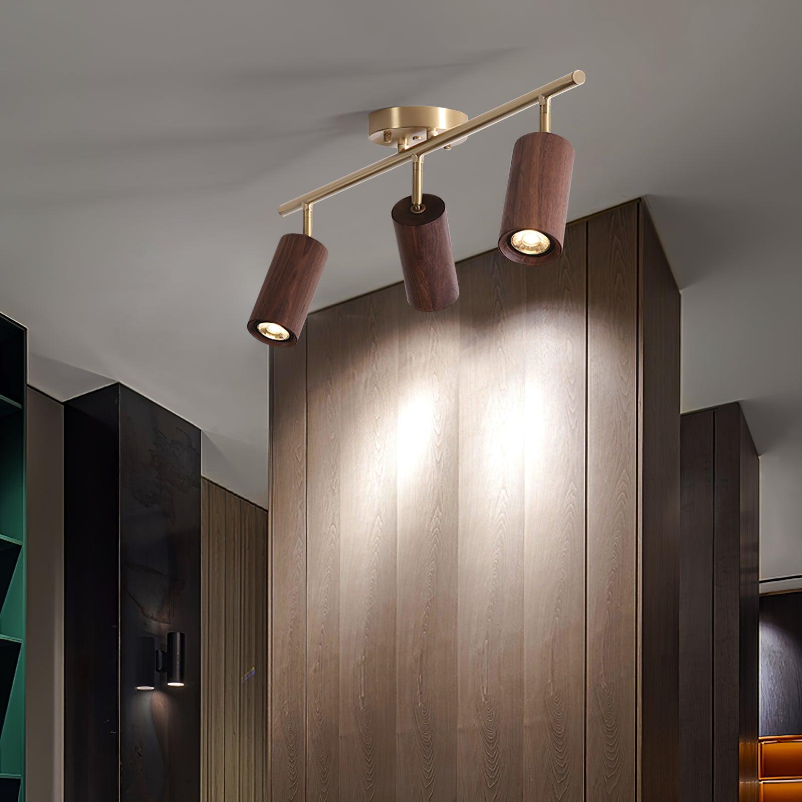 Track Light Walnut Wood Adjustable 31.4 in Multi-Head Ceiling Fixture Gold Finish Living Room Kitchen Hallway Lighting | Thomler