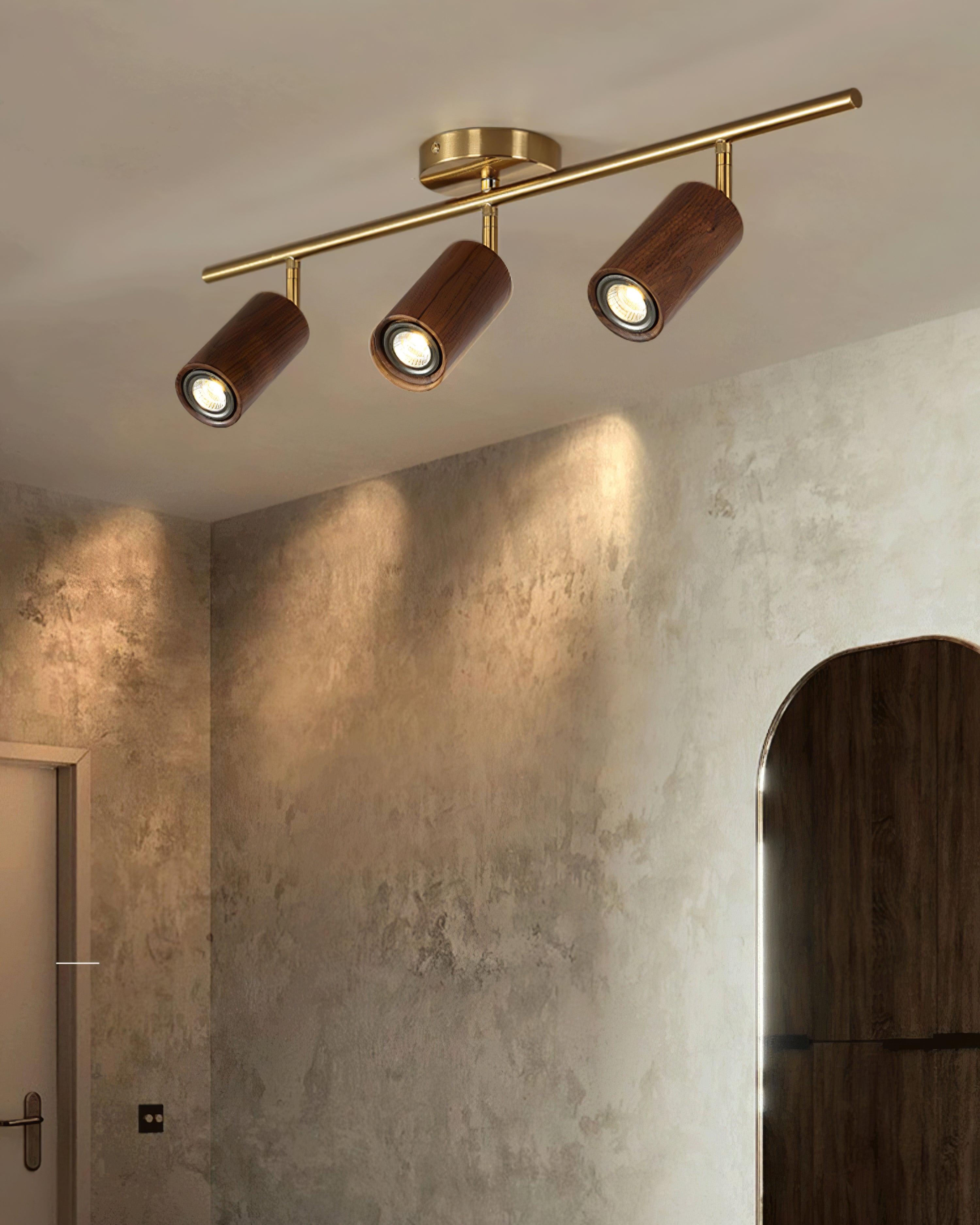 Track Light Walnut Wood Adjustable 31.4 in Multi-Head Ceiling Fixture Gold Finish Living Room Kitchen Hallway Lighting | Thomler