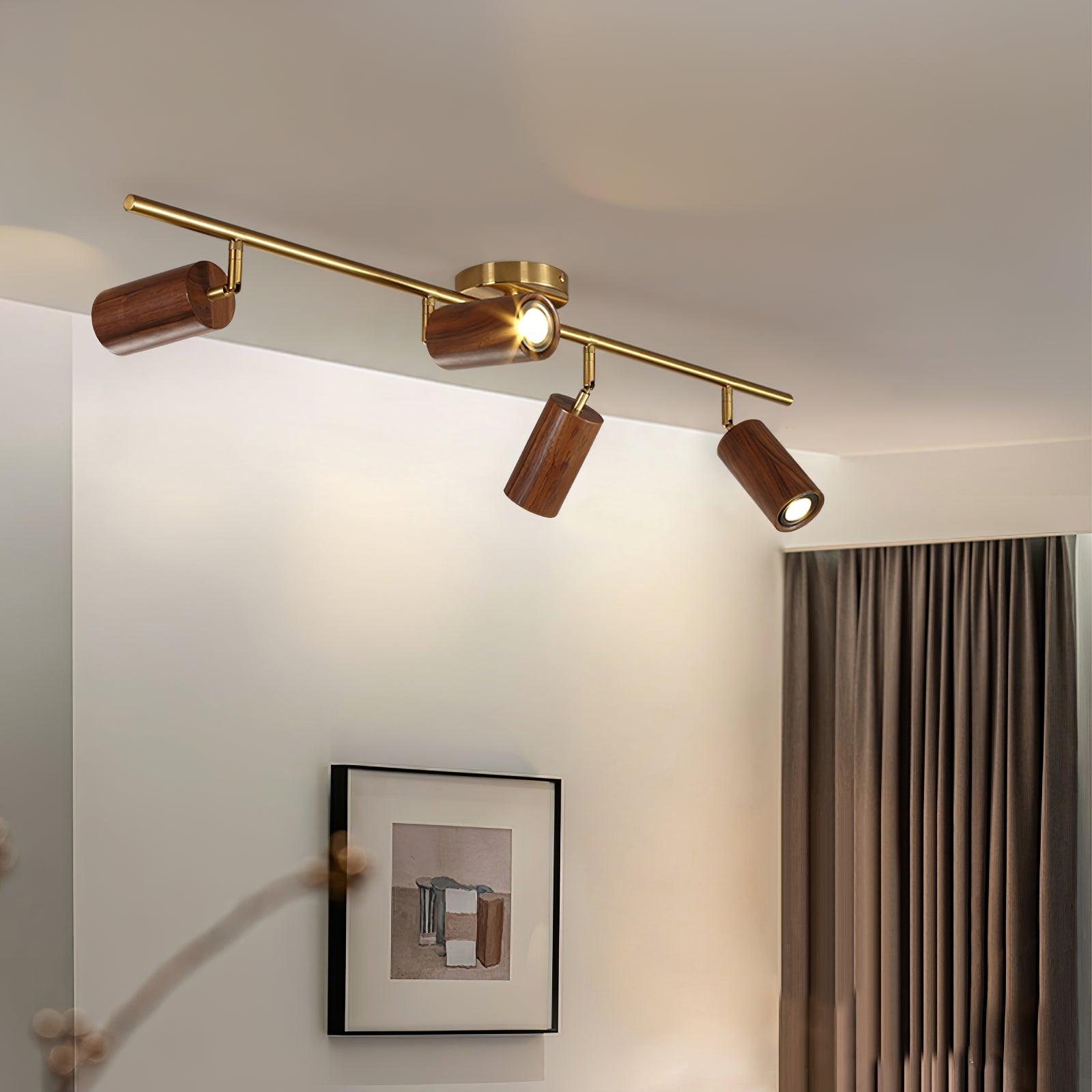 Track Light Walnut Wood Adjustable 31.4 in Multi-Head Ceiling Fixture Gold Finish Living Room Kitchen Hallway Lighting | Thomler