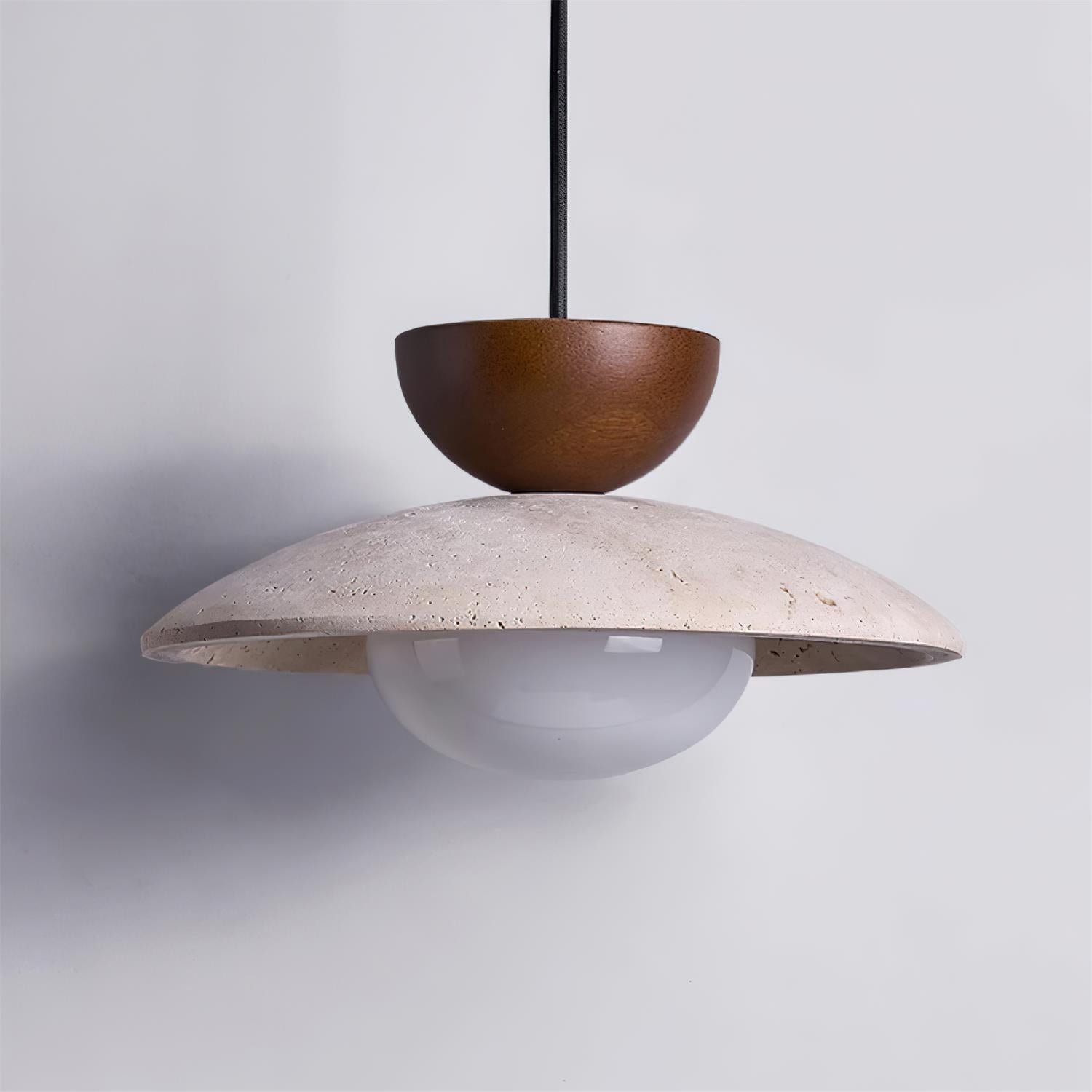 Travertine Stone Pendant Light with Wood Accent for Dining Room & Kitchen Island | Natural Glass Shade Hanging Ceiling Lamp | Thomler