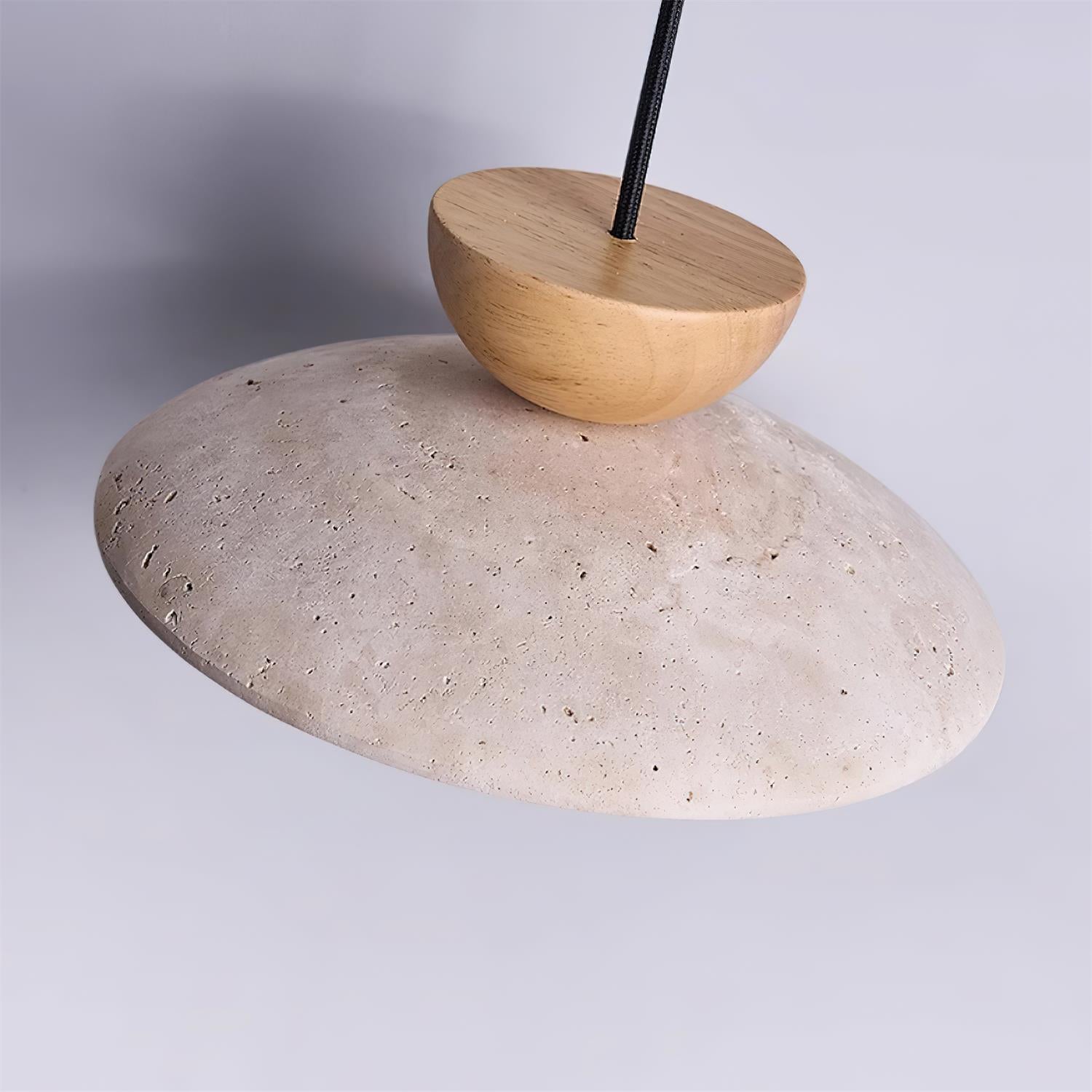Travertine Stone Pendant Light with Wood Accent for Dining Room & Kitchen Island | Natural Glass Shade Hanging Ceiling Lamp | Thomler